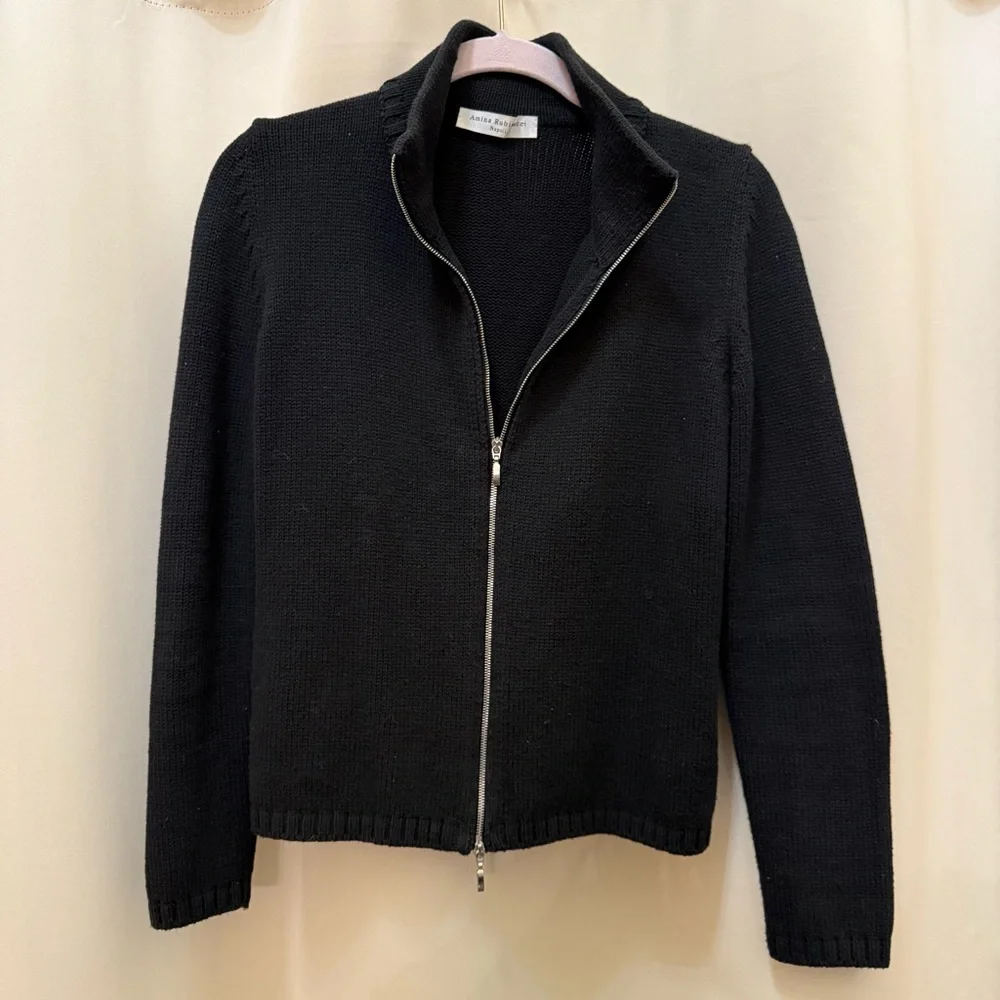 Amina Rubinacci Italy Black Knit Zip Jacket Cardigan Quiet Luxury Minimalist 42